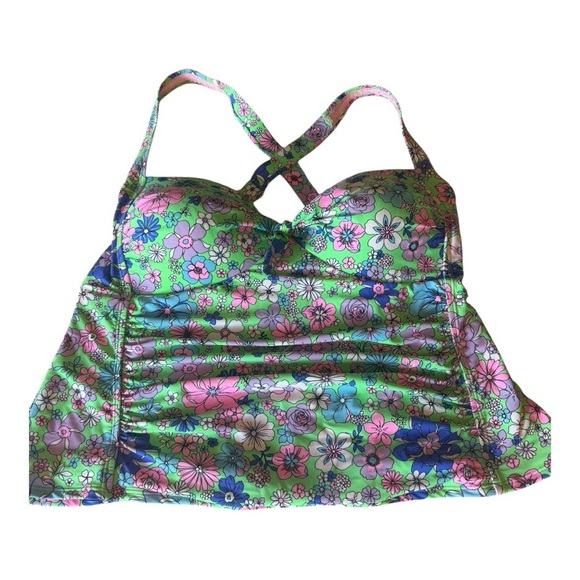99. Salt Cove Plus Size Peony Party Printed X Back Tankini Top Green Size 2 NWOT - Picture 14 of 15